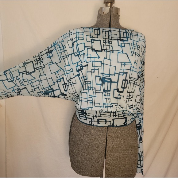 glam fang Tops - Vintage 90s Y2K Bat Wing Top Sheer Baby Blue Geometric‎ Fang Glam L/XL Tie Waist